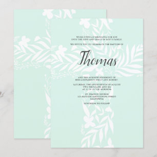Elegant floral christian cross mint green baptism invitation