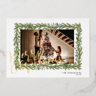 Elegant Floral Christmas   Modern Family Portrait Foil Holiday Card