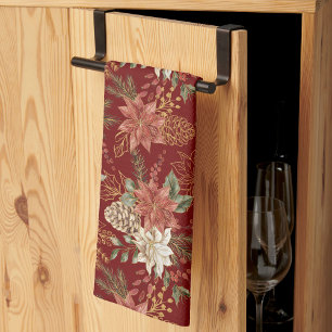 Elegant Floral Christmas Poinsettia Dark Red Kitchen Towel