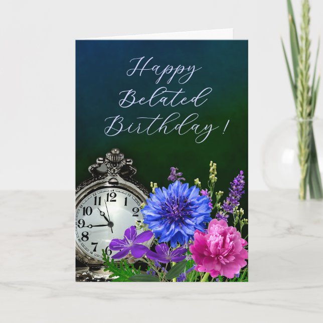 Elegant Floral Clock Belated Birthday Card (Front)