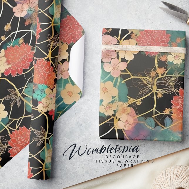  Elegant Floral | Coral & Mint Peonies on Black  Wrapping Paper (Creator Uploaded)