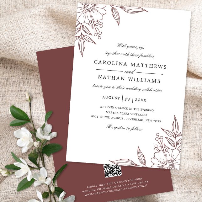 Elegant Floral Corners Wedding Rust Red QR Code Invitation (Creator Uploaded)
