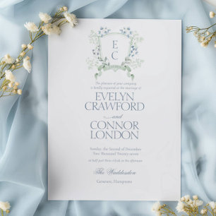 Elegant Floral Crest Dusty Blue Script Wedding Invitation