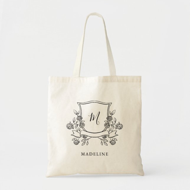 Elegant Floral Crest | Monogram and Name Tote Bag (Front)
