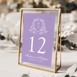 Elegant Floral Crest Monogram Lavender Wedding Table Number