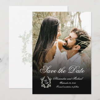 Elegant Floral Crest Monogram Photo Overlay Save The Date