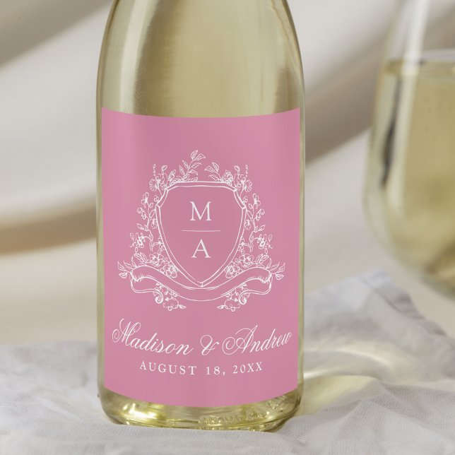 Elegant Floral Crest Monogram Pink Wedding Wine Label (Creator Uploaded)
