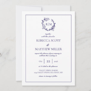 Elegant Floral Crest Monogram Wedding Invitation