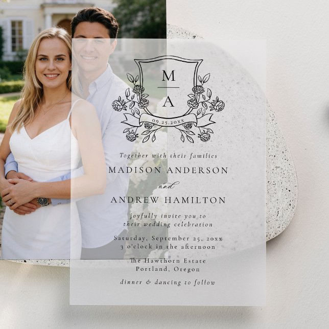 Elegant Floral Crest Monogram Wedding Vellum Invitations (Creator Uploaded)