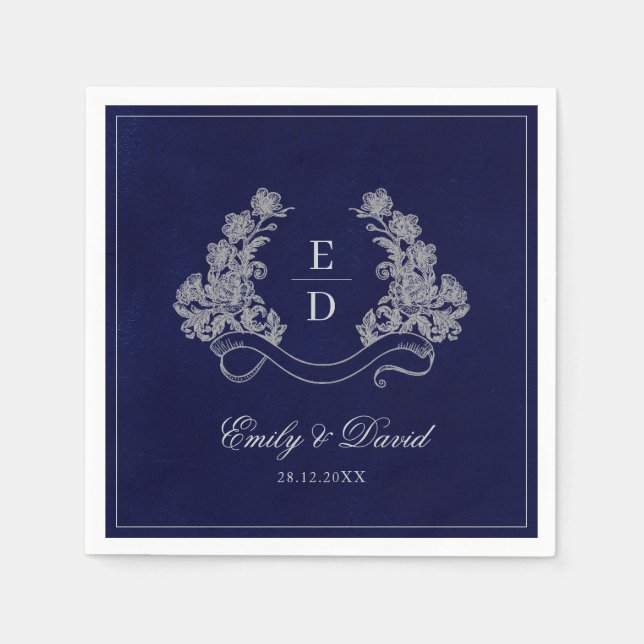 Elegant Floral Crest Navy Monogram Paper Napkin (Front)