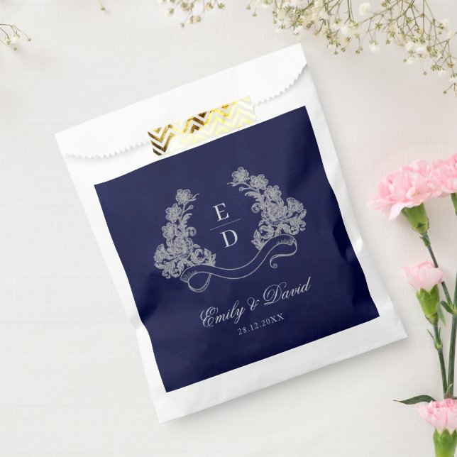 Elegant Floral Crest Navy Monogram Wedding Favour Bag (Sealed)