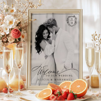 Elegant Floral Crest Photo Wedding Welcome Poster