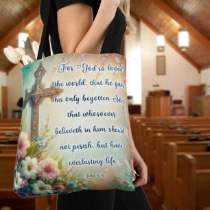 Elegant Floral Cross Christian Scripture Easter Tote Bag