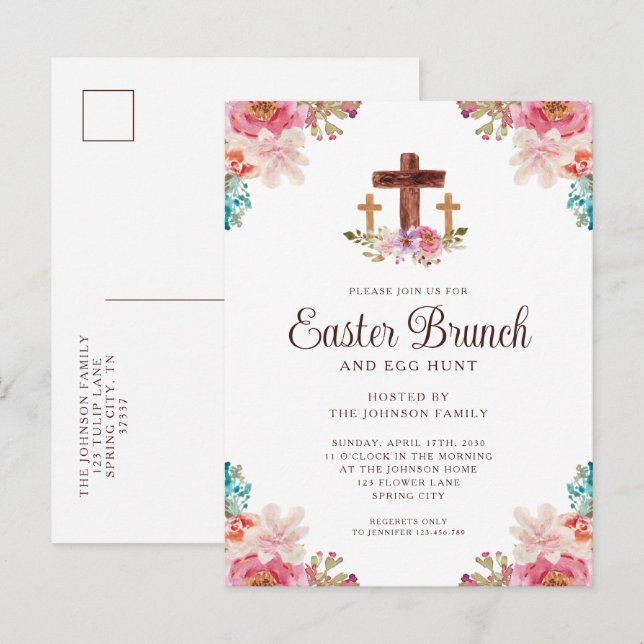 Elegant Floral Cross Easter Brunch Invitation Postcard (Front/Back)