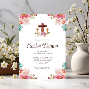 Elegant Floral Cross Easter Dinner Invitation
