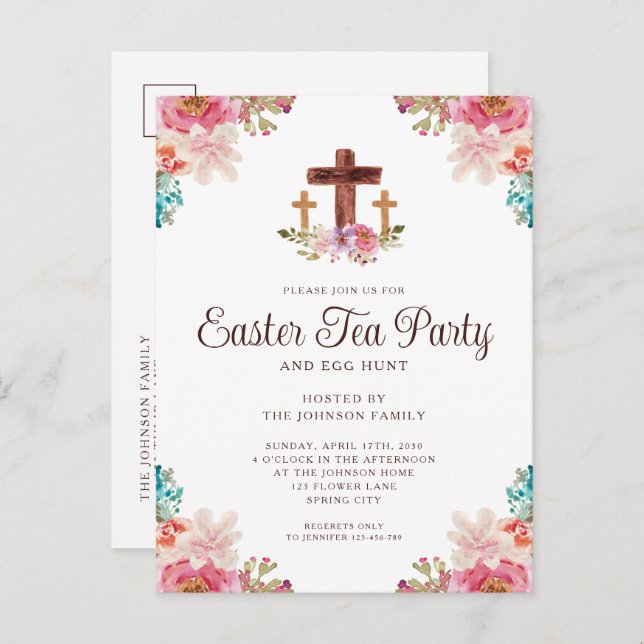 Elegant Floral Cross Easter Tea Party Invitation Postcard (Front/Back)