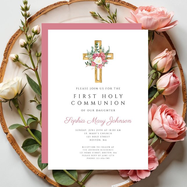 Elegant Floral Cross First Holy Communion  Invitation (Elegant Floral Cross First Holy Communion Invitation)