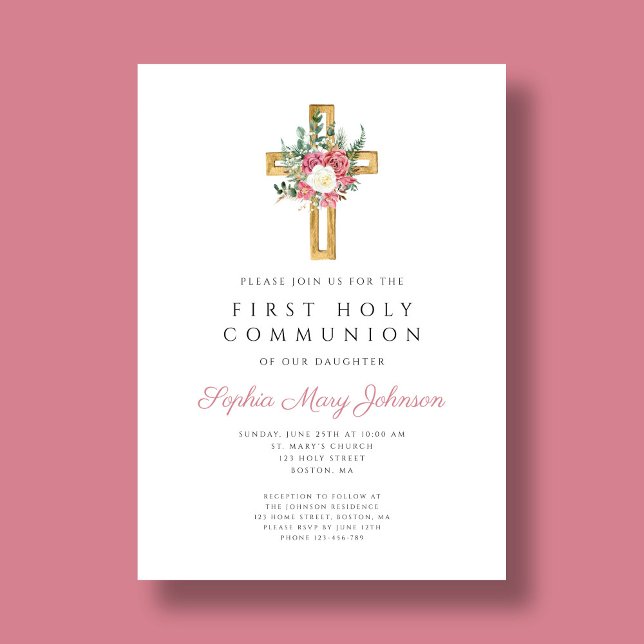 Elegant Floral Cross First Holy Communion  Invitation (Elegant Floral Cross First Holy Communion Invitation)