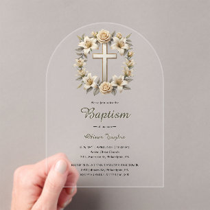 Elegant Floral Cross Gender Neutral Baptism Acrylic Invitations