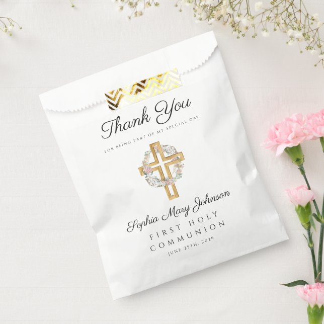 Elegant Floral Cross Girl First Communion Favour Bag