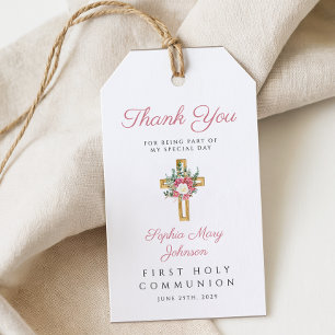 Elegant Floral Cross Girl First Communion Gift Tags