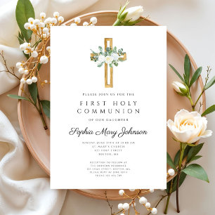Elegant Floral Cross Girl First Holy Communion Invitation