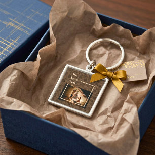 Elegant Floral Custom Family Photo Text Brown Keychain