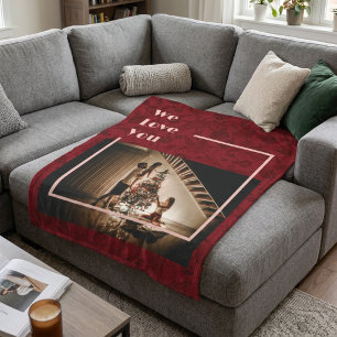 Elegant Floral Custom Family Photo Text Red Fleece Blanket