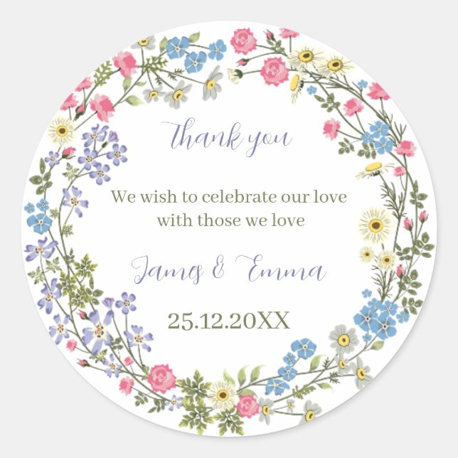 Elegant Floral Custom Wedding Classic Round Sticker (Front)