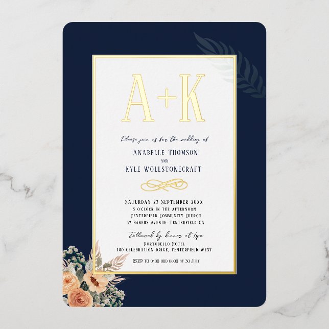 Elegant floral dark blue 5" x 7" Foil Invitation (Front)