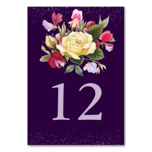 Elegant Floral Dark Purple Yellow Rose Wedding Table Number