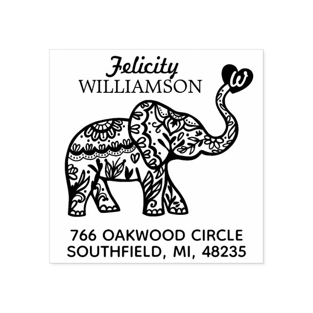 Elegant Floral Decorative Ornate Elephant Heart Rubber Stamp (Imprint)