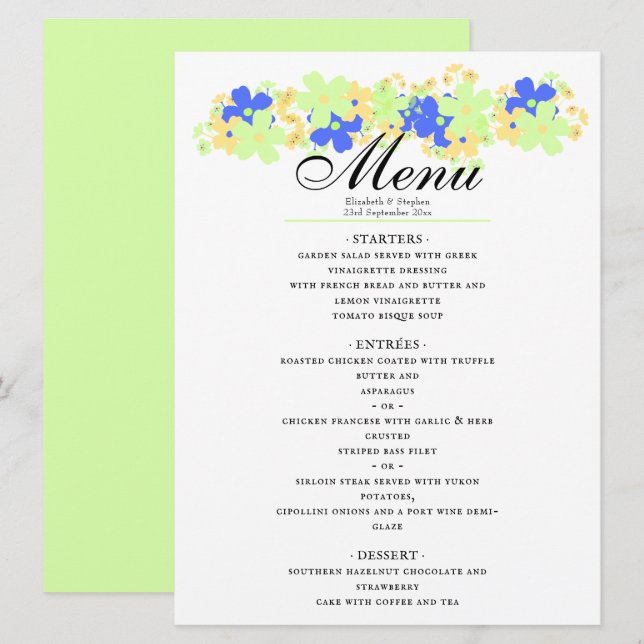Elegant floral design in green yellow blue menu (Front/Back)