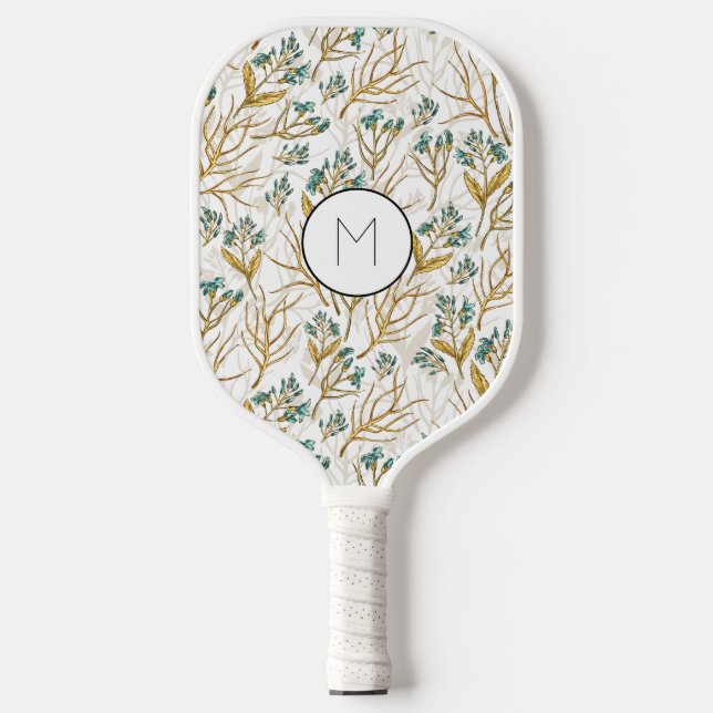 Elegant floral design with golden texture pickleball paddle (Front)