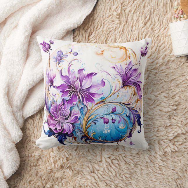Elegant Floral Design With Purple and Blue Accents Throw Pillow (Blanket)
