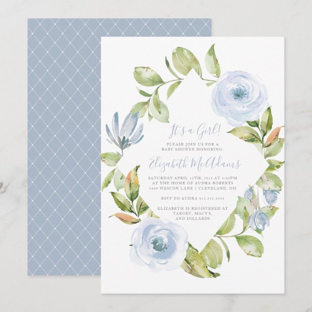 Elegant Floral Diamond Dusty Blue Baby Shower Invitation (Front/Back)