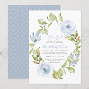 Elegant Floral Diamond Dusty Blue Baby Shower Invitation