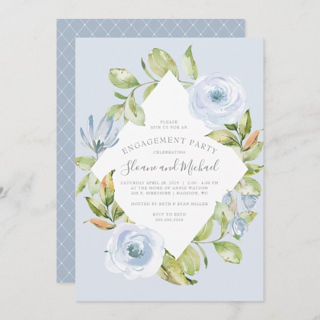 Elegant Floral Diamond Dusty Blue Engagement Party Invitation (Front/Back)