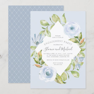 Elegant Floral Diamond Dusty Blue Engagement Party Invitation