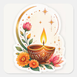 Elegant Floral Diya Diwali Square Sticker