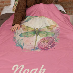 Elegant Floral Dragonfly w/ Custom Name Fleece Blanket