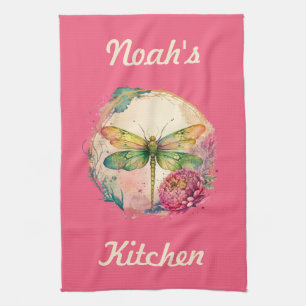 Elegant Floral Dragonfly w/ Custom Name Kitchen Towel