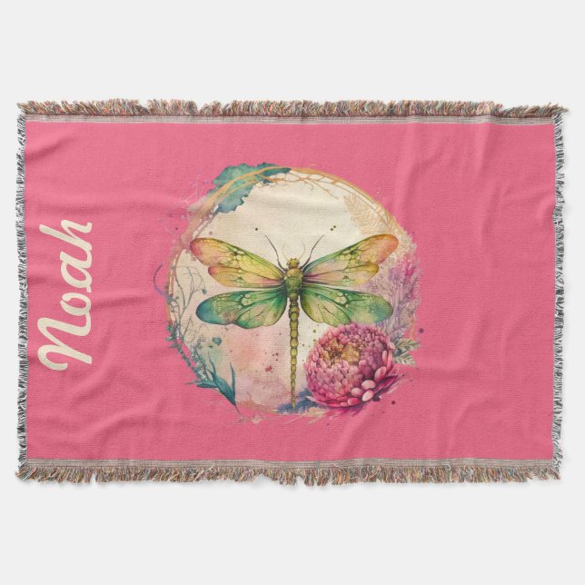 Elegant Floral Dragonfly w/ Custom Name Throw Blanket (Front)