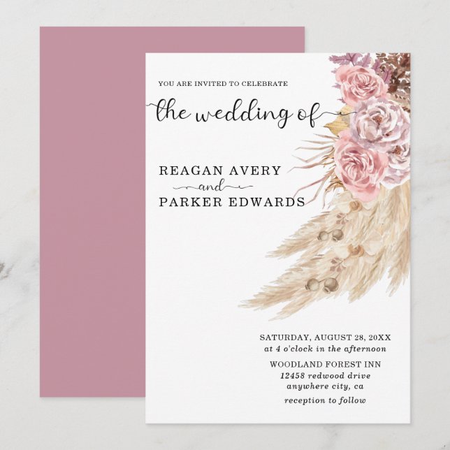 Elegant Floral Dried Pampas Grass Wedding Invitation (Front/Back)