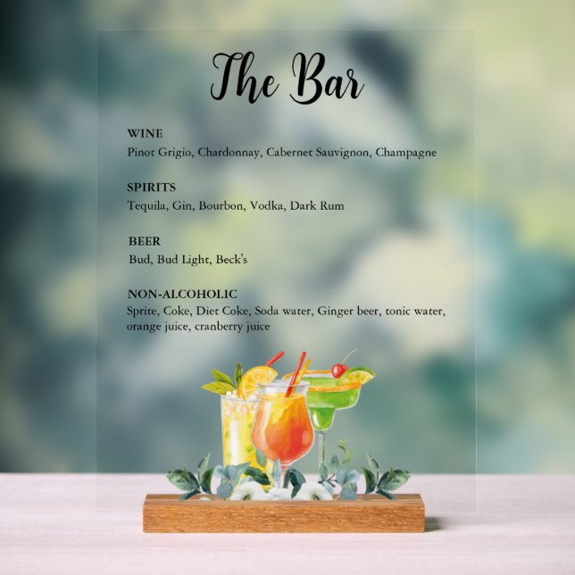 Elegant Floral Drink Bar Menu Acrylic Sign (Neutral)
