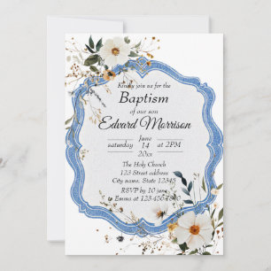 Elegant Floral Dusty Blue Baptism Invitation