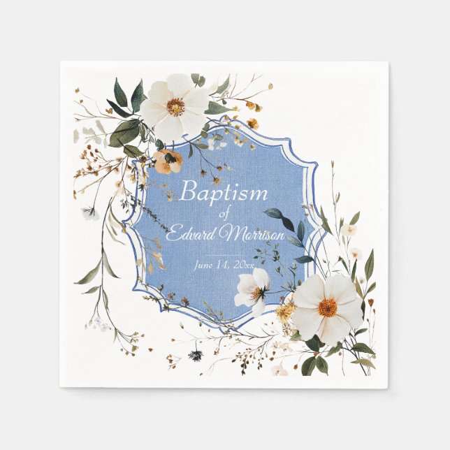 Elegant Floral Dusty Blue Baptism Napkin (Front)