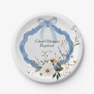 Elegant Floral Dusty Blue Baptism Paper Plate