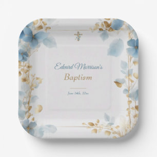 Elegant Floral Dusty Blue Baptism Paper Plate