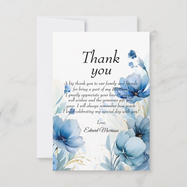 Elegant Floral Dusty Blue Baptism Thank You Card (Front)